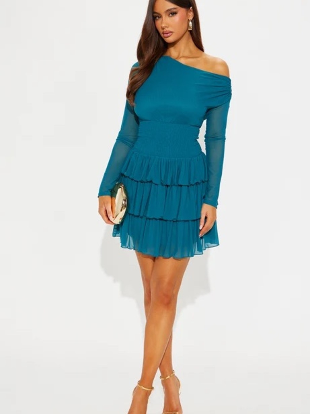 Teal One-Shoulder Tiered Ruffle Dress